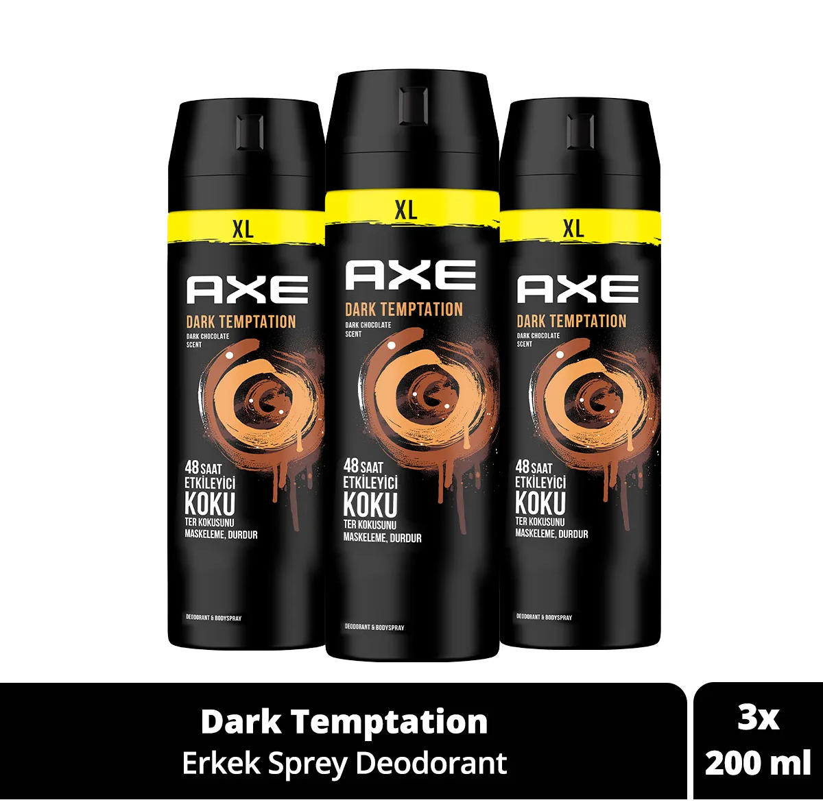 Axe Erkek Sprey Deodorant Dark Temptation Xl 48 Saat Etkileyici Koku 200 ml X3 Adet SET.UNİ.3826